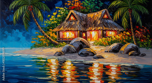 3D Tropical Beach Cottage at Twilight, Relief Wallpaper, Mural Wallpaper, Wall Decor