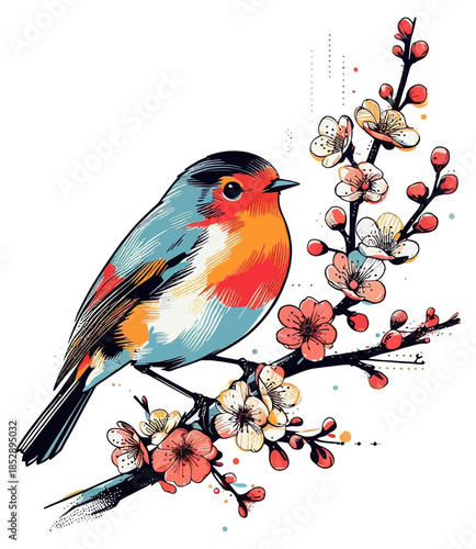 robin on a floral branch vector sketch illustration t shirt design print