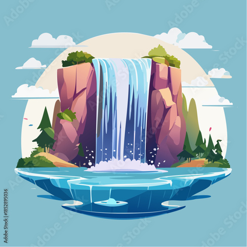 Cartoon illustration of a waterfall cascading from a rocky cliff into a pool.