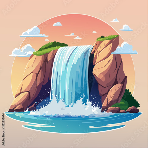 Cartoon illustration of a waterfall cascading over rocks into a pool of water.
