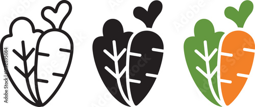 Carrot and lettuce icon outline black and color on transparent background