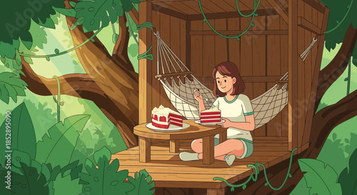Young Girl Relaxing in Treehouse Reading Book.