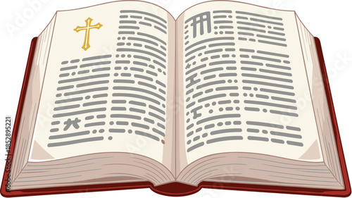 Open Ancient Manuscript Bible with a Golden Cross Christian Illustration