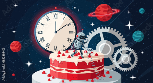 Cake with Clock and Mechanical Gears.