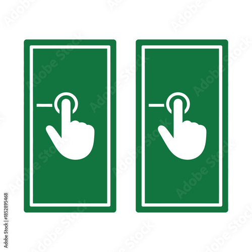 Two identical green icons show a white hand touching a button, indicating a touch interface or activation.
