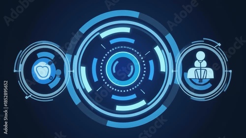 Futuristic digital interface with concentric circles, data visualization, and medical and people icons