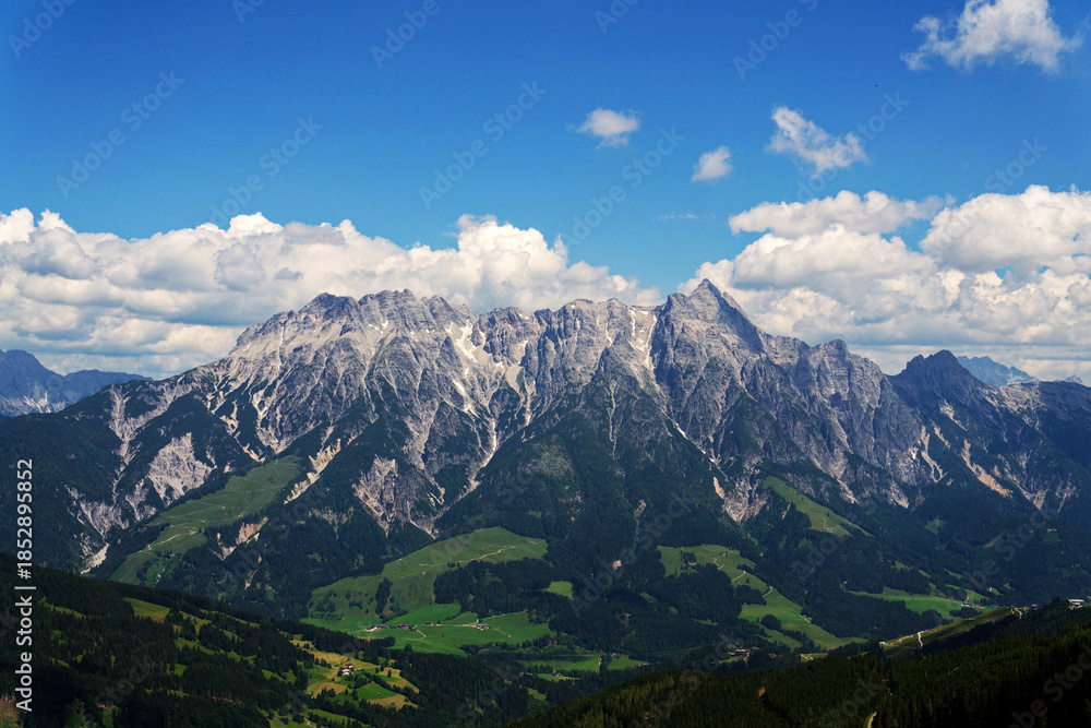Fototapeta premium Leogang Mountains Leoganger Steinberge with highest peak Birnhorn, idyllic summer landscape Alps, Zell am See district, Salzburg federal state, Austria