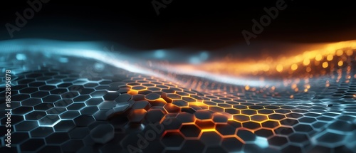 Abstract hexagon pattern with orange and blue lighting digital illustration