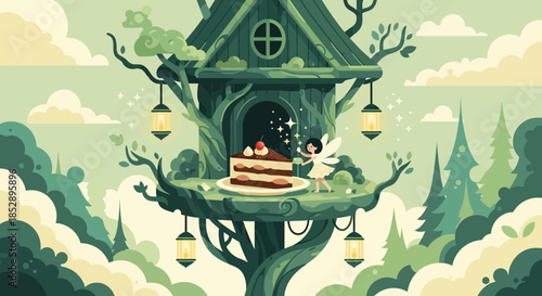 Fantasy Treehouse with Lanterns and Cake.