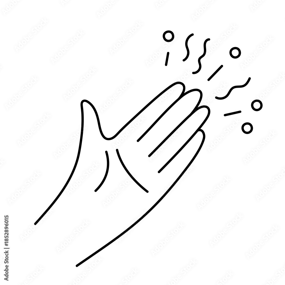 Obraz premium Hand with magic sparkle for wish doodle line icon. Gesture congratulation and success. Linear hand drawn style sign. Greeting, happy event. Vector