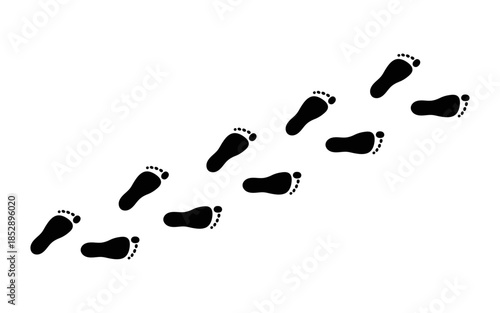 Path from footprint black silhouette of adult person. Hand drawn isolated legs, bare foot. Footpath, way. Vector illustration