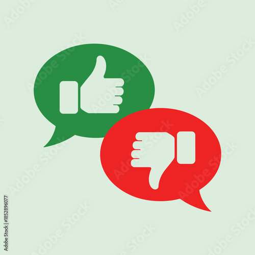 Thumbs up and thumbs down icons inside speech bubbles convey opinions.