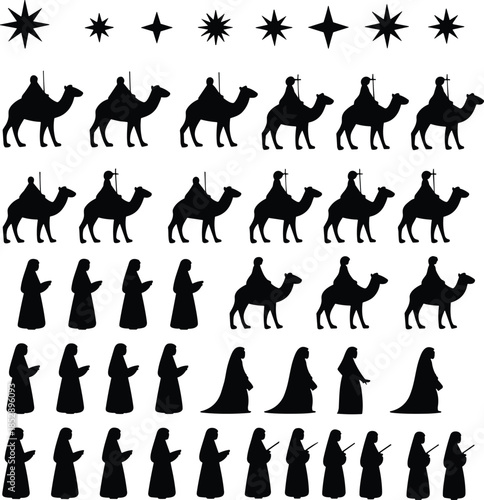Islamic nativity silhouettes Maryam camel riders stars Hijra journey religious tradition set isolated on white background illustration