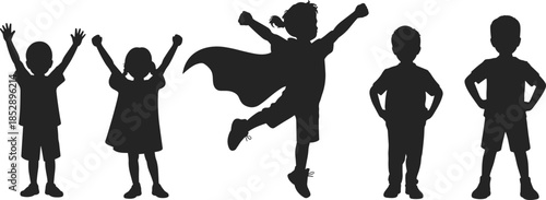 Silhouette of confident children posing celebrating power imagination superhero leadership childhood inspiration isolated on white background illustration concept