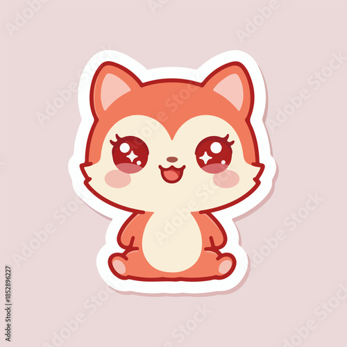 Charming digital sticker of an adorable, happy orange fox pup illustration, featuring big sparkling eyes and a cheerful expression, perfect for playful designs