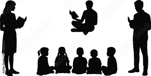 Silhouette of teacher parents and children reading books together education learning storytelling family study concept isolated on white background