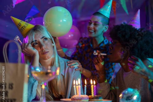 Billede på lærred Woman looking bored at a birthday party while friends celebrate around her