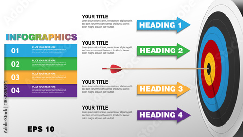 4 Steps Target Infographic Template with Archery Bullseye and Arrow. Modern Business Flow Chart with Goal Achievement Arrows and Progress Banners for Strategy and Success Presentation