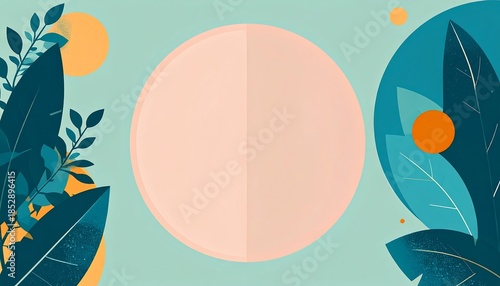 Botanical composition leaves framing center circle, pastel palette, orange dots in background