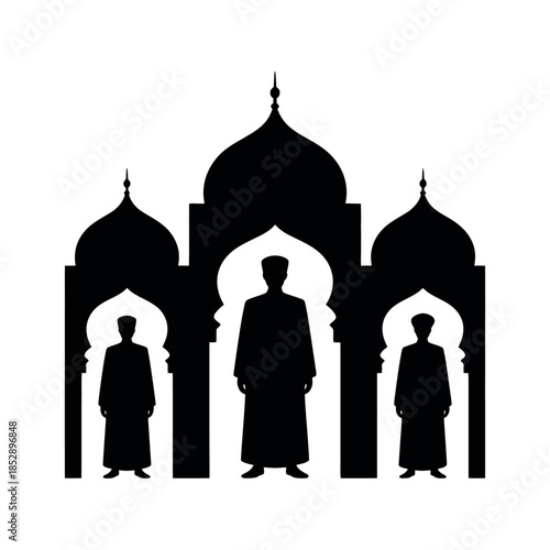 Three robed figures stand silhouetted against a grand mosque or temple facade.