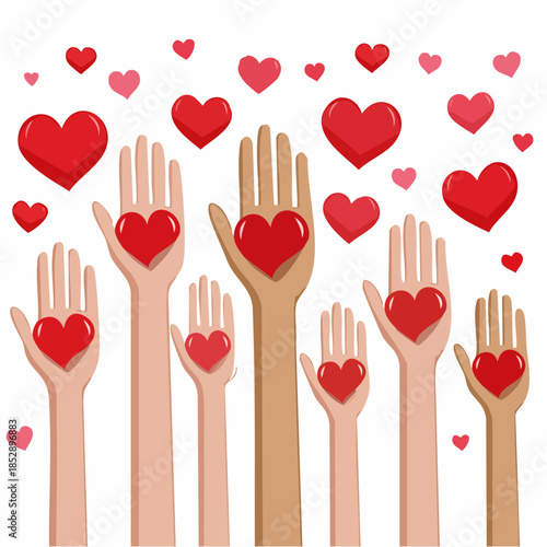 Charity, volunteering and donating concept. Raised up human hands with red hearts.