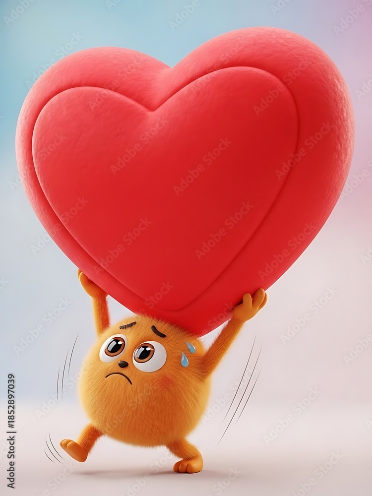 Fototapeta premium A cartoon character struggling to hold up a large red heart shaped pillow