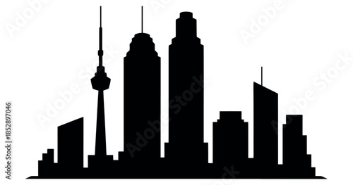 A stylized silhouette depicts a modern city skyline with varied building heights.