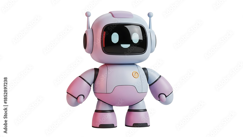 Fototapeta premium A pink robot with a black screen face stands alone on a white background (16)_no-bg