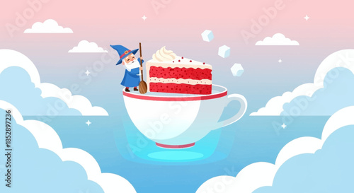 Teacup with Cake and Sailing Boat.