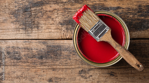 A top-down view reveals a paint can filled with vivid red paint, paired with a brush, all set against a rustic wooden surface. Interior painting.
