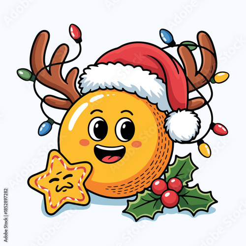 Cute Christmas Cookie Character with Santa Hat and Reindeer Antlers