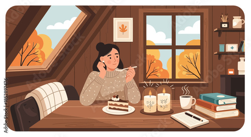 Woman Relaxing with Coffee and Books.