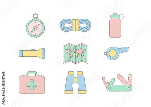 Camping and hiking equipment collection illustrations