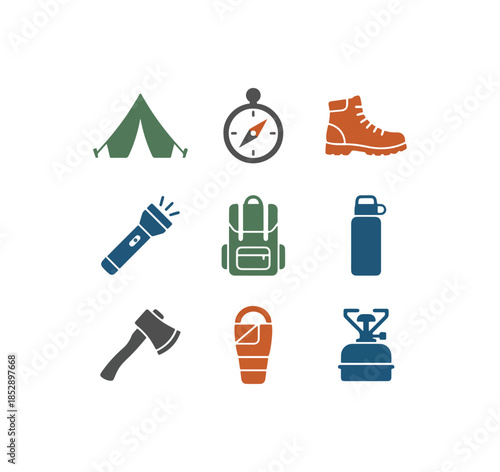 Camping and hiking equipment icons set outdoors adventure