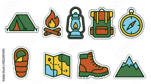 Camping and hiking equipment icons in vector style