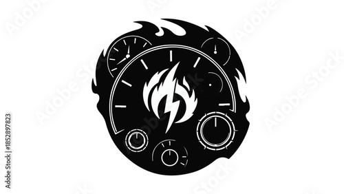 Black and white speedometer dashboard with flame design element on white background, speedometer gauge with flame symbol, hot performance concept