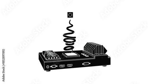 Black electronic device equipment with coiled cord and various components on studio background for product demonstration and technology marketing
