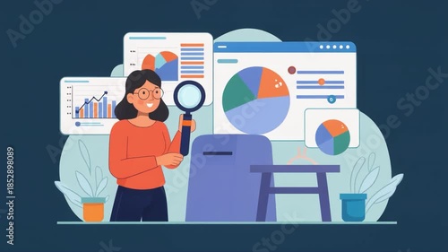 Woman with Magnifying Glass Examining Charts and Graphs on Digital Screens data