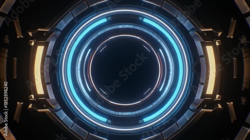 Abstract Futuristic Circular Tunnel with Blue and Yellow Neon Lights and Dark Interior image photo