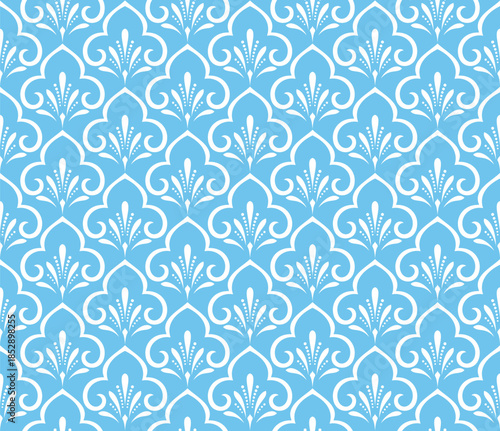 Flower geometric pattern. Seamless vector background. White and blue ornament