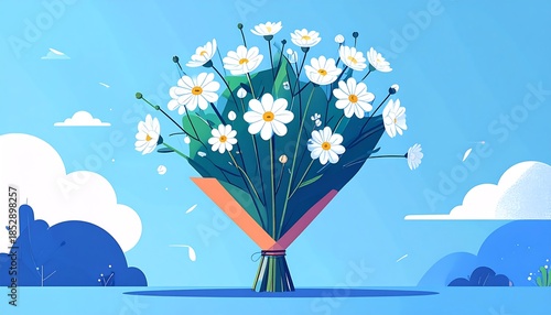 Bouquet of daisies, tied with ribbon, set against a blue gradient sky with stylized white clouds and green plants