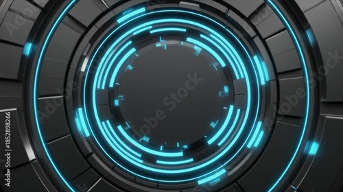 Futuristic Circular Interface with Glowing Blue Neon Lights and Dark Metallic Structure image photo