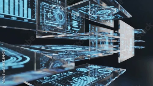 Abstract futuristic digital interface layers displaying glowing blue holographic data charts and futuristic technology concepts