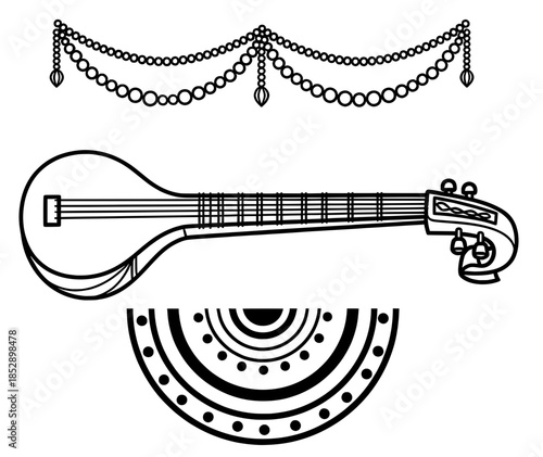 Traditional musical instrument illustration featuring a stringed instrument with intricate designs and decorative elements, showcasing cultural artistry and craftsmanship in a minimalist style