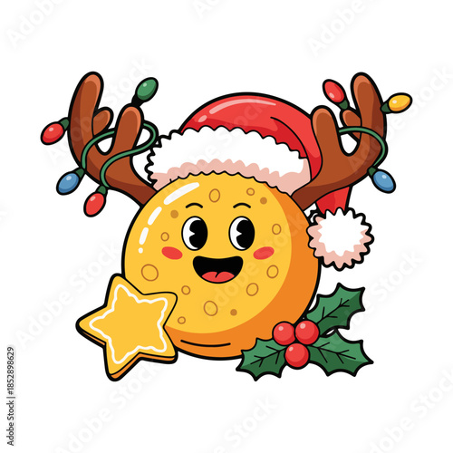 Santa Claus with reindeer. Cute Christmas Cookie Character with Santa Hat, Reindeer Antlers and Holiday Decorations