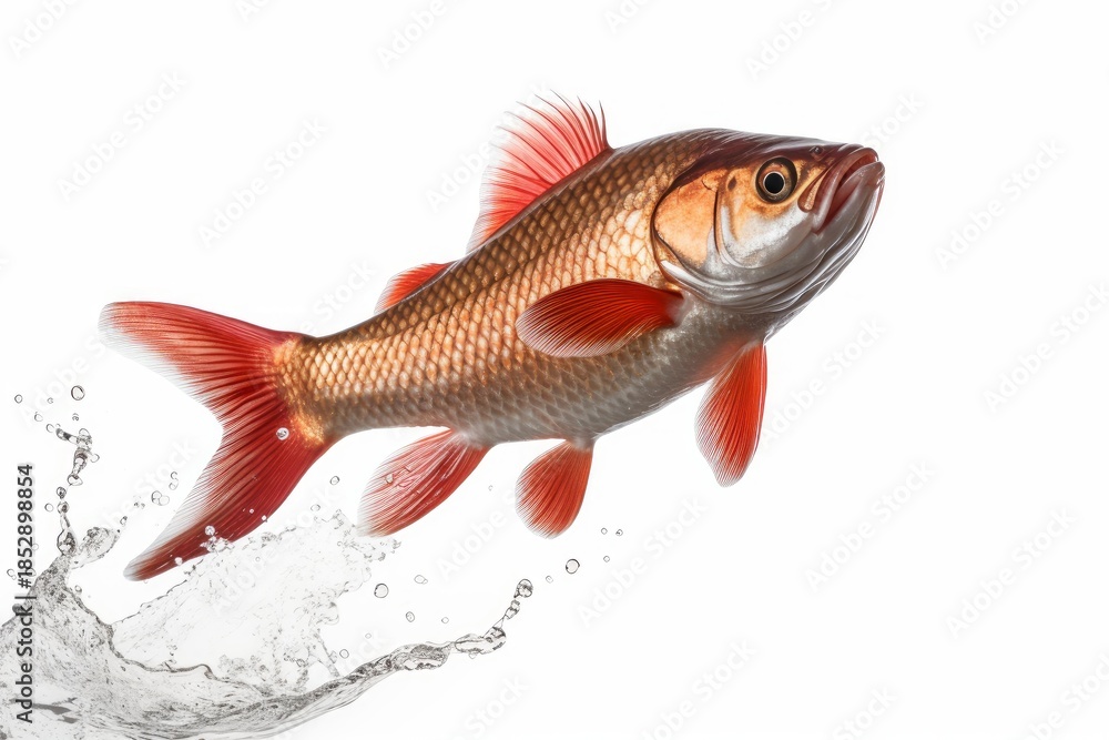 Obraz premium Freshwater fish rutilus rutilus, common roach, jumping and splashing out of water, isolated on white background