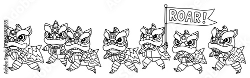 Cute Chinese Lion Dance parade characters with Roar flag vector illustration funny cartoon line art for Lunar New Year