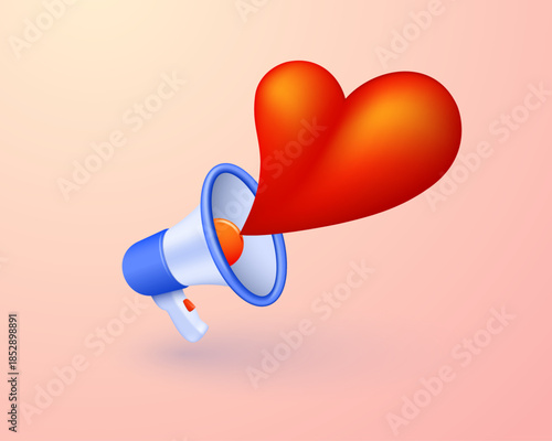 Megaphone with a heart icon for a romantic announcement isolated on a light background. Vector 3D illustration.