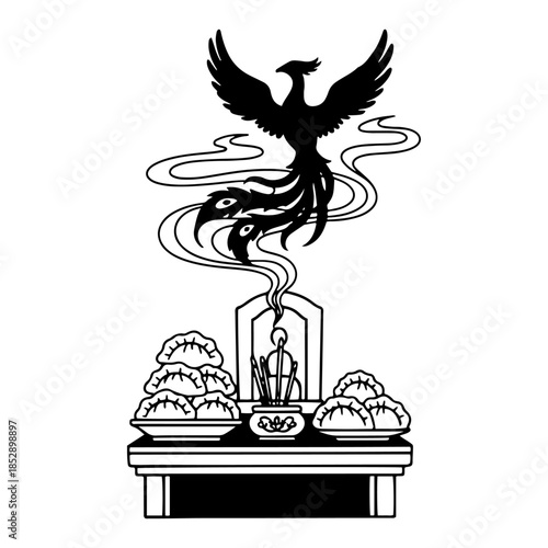 Asian food offering altar with dumplings incense and flying phoenix spirit vector illustration traditional ceremony