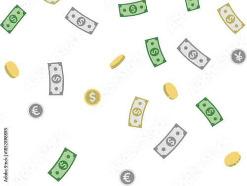 Flat Design Money Currency Rain Illustration with Dollar Euro Yen Coins
